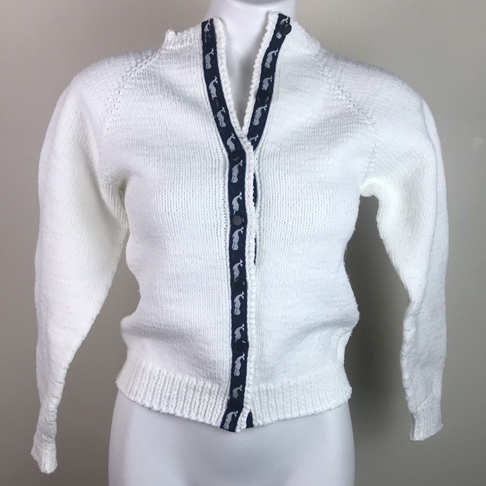 Vintage Hand Knit Cardigan Whale Print Trim